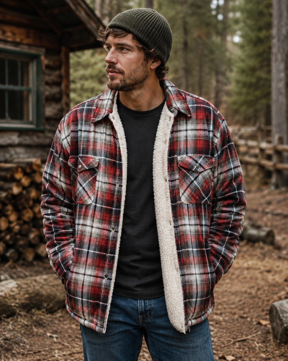 Vintage 80s Red Plaid Sherpa Lined Quilted Shacket Jacket Men's Outdoor Chore L